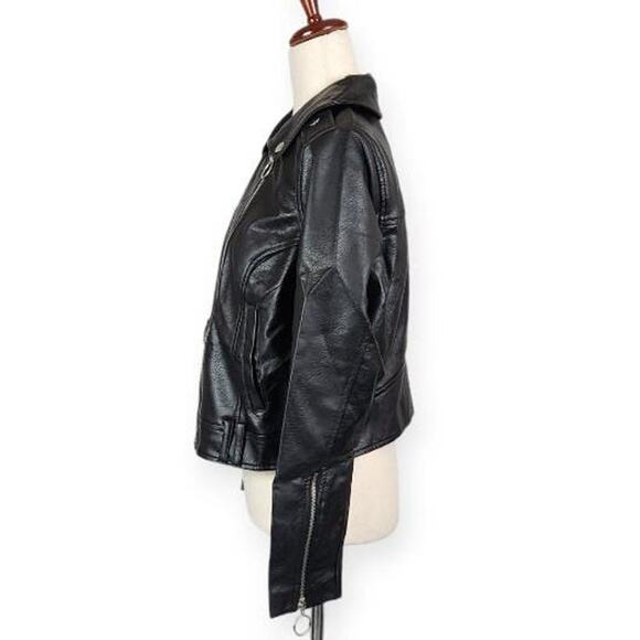 Soncy Moto Faux Leather Jacket Zip Accents Collared Black Women's Size 10 New - Picture 3 of 13